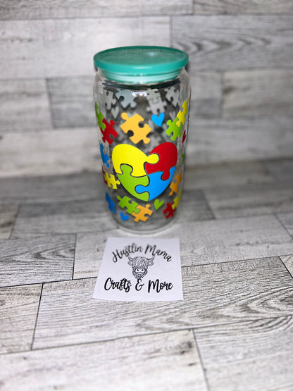 Autism Heart (green lid) Glass Cup