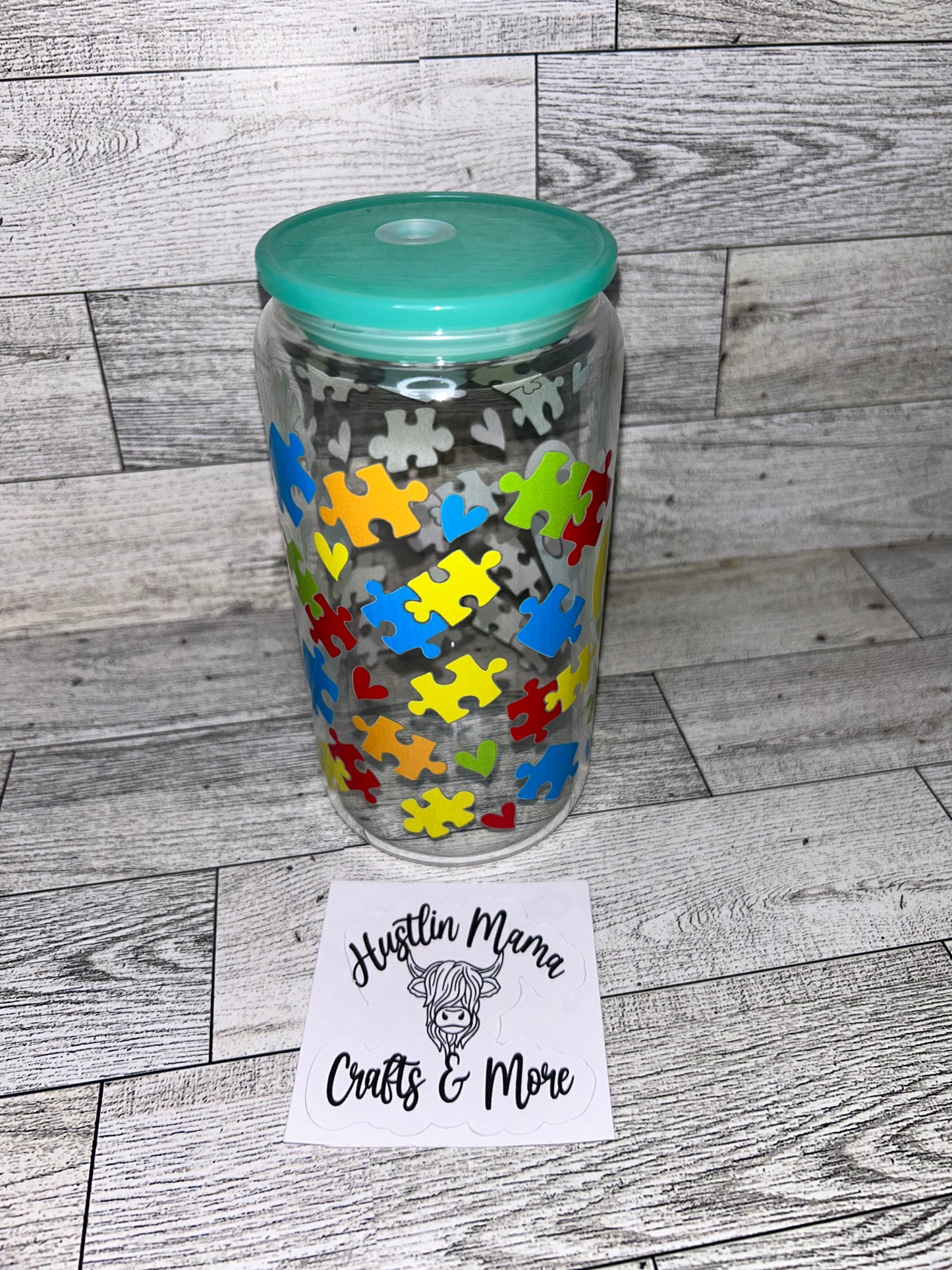 Autism Heart (green lid) Glass Cup